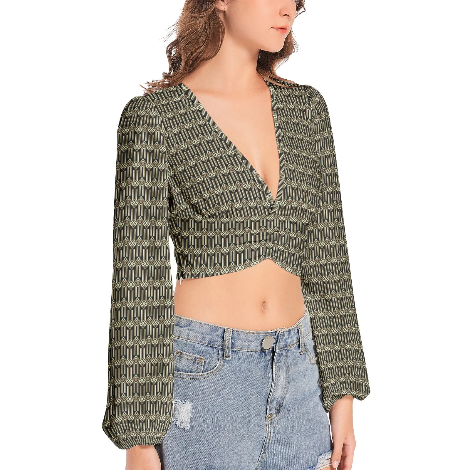 Chur Slavic Symbol Women's Deep V-Neck Lantern Sleeve Crop Top