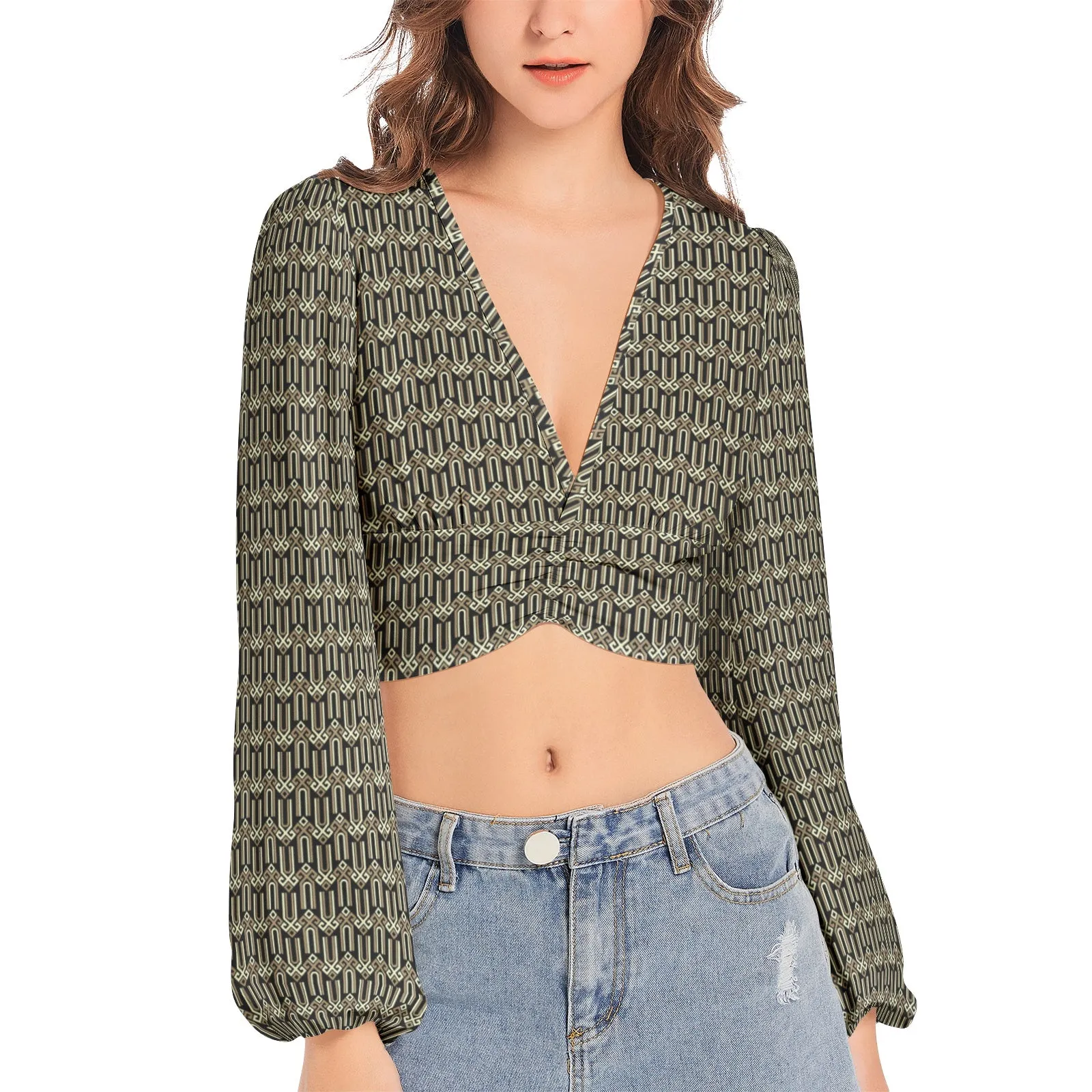 Chur Slavic Symbol Women's Deep V-Neck Lantern Sleeve Crop Top