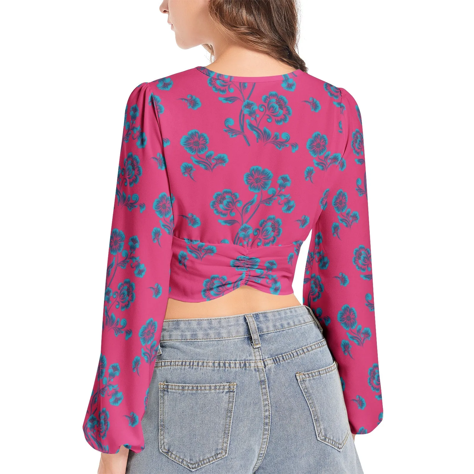 Dark Florals Women's Deep V-Neck Lantern Sleeve Crop Top