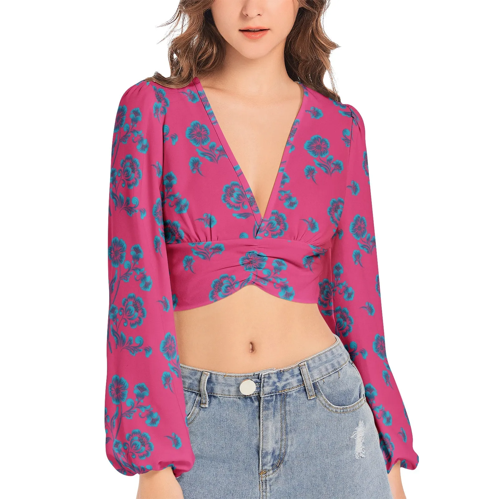 Dark Florals Women's Deep V-Neck Lantern Sleeve Crop Top