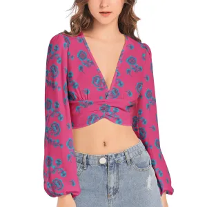 Dark Florals Women's Deep V-Neck Lantern Sleeve Crop Top