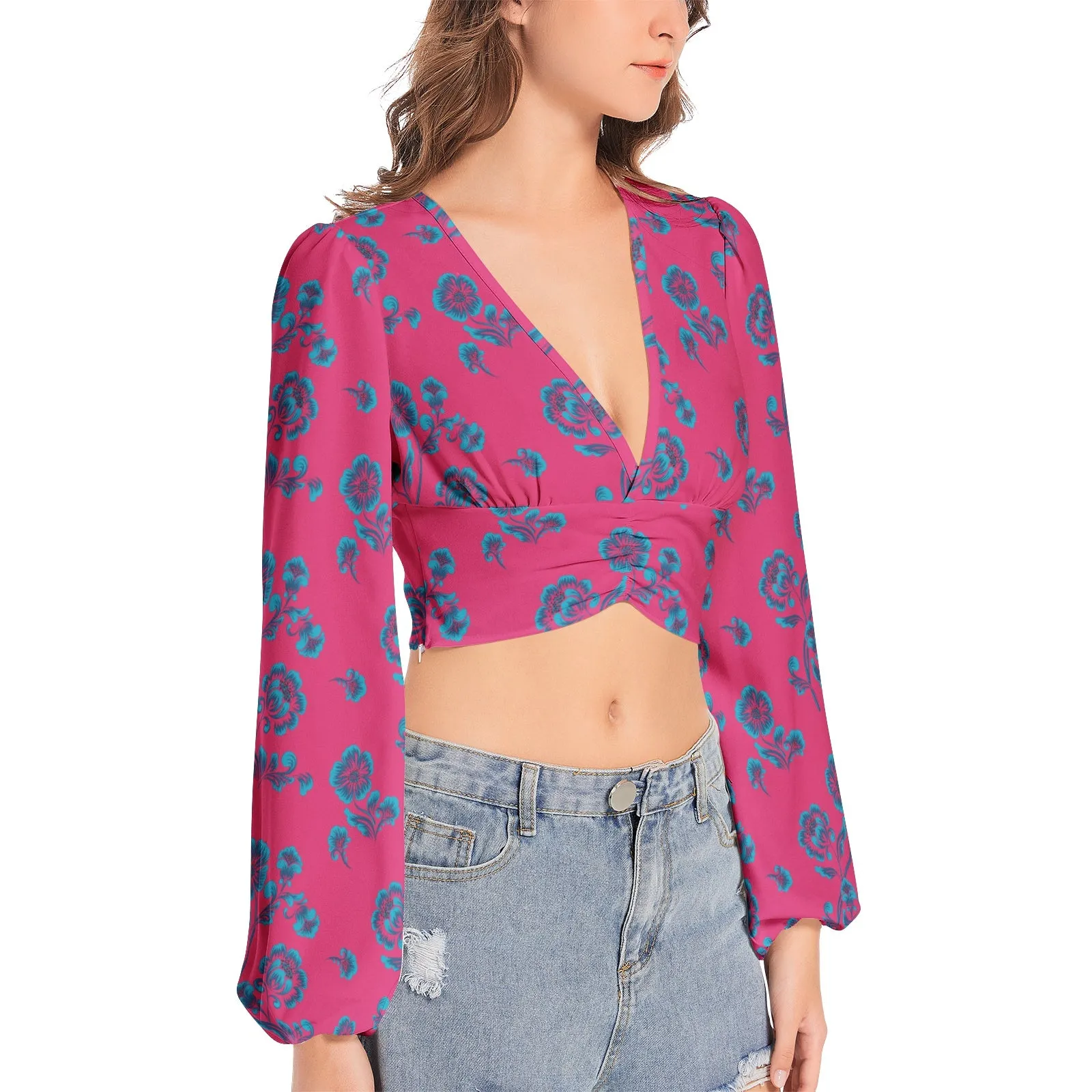 Dark Florals Women's Deep V-Neck Lantern Sleeve Crop Top