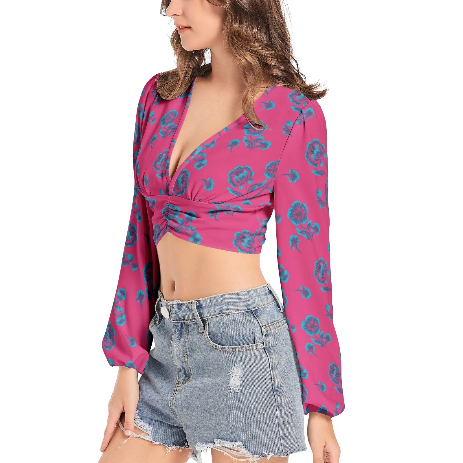 Dark Florals Women's Deep V-Neck Lantern Sleeve Crop Top