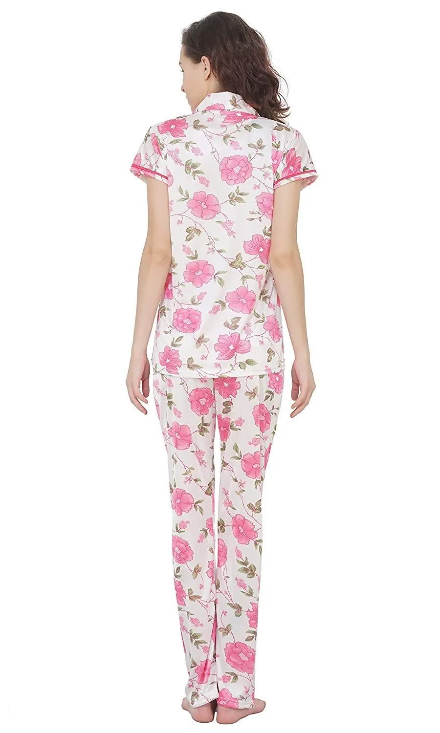 Designer mart Women's Printed Satin Top & Pyjama Set Pink for Women & Girls