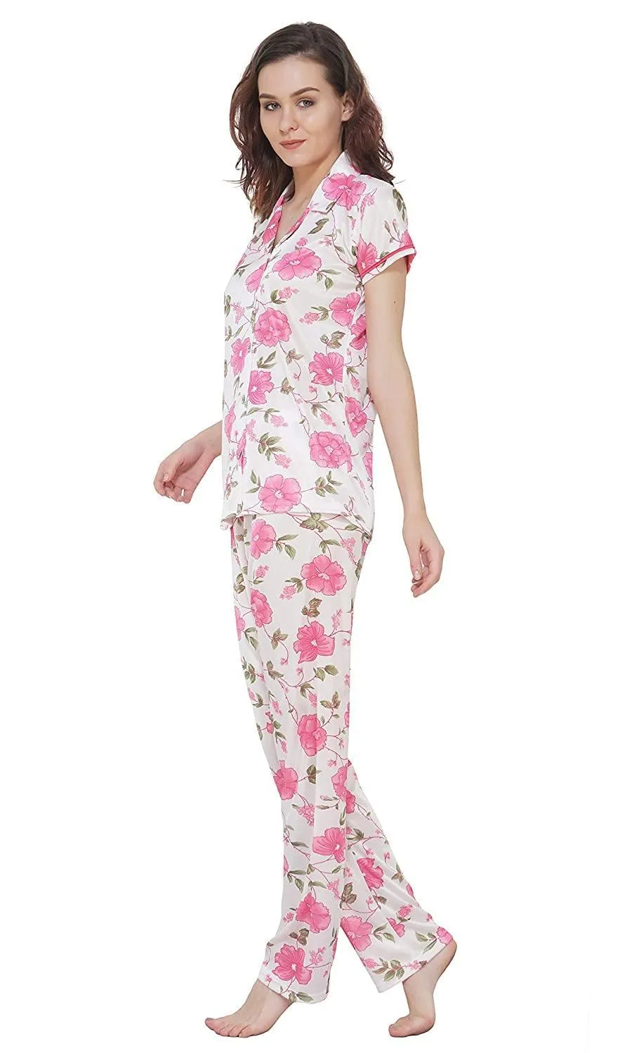 Designer mart Women's Printed Satin Top & Pyjama Set Pink for Women & Girls