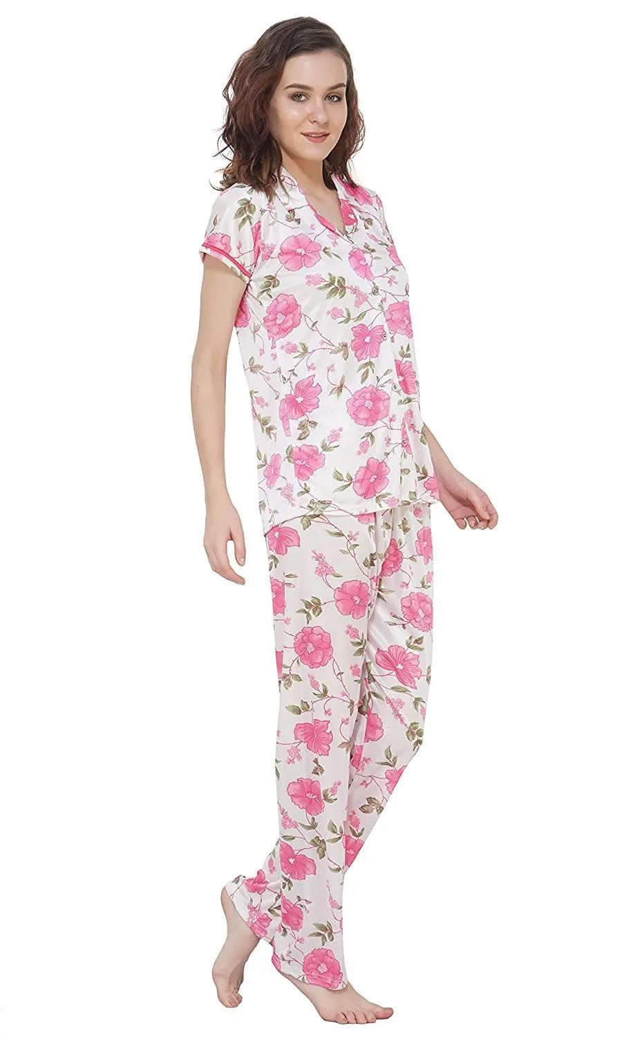 Designer mart Women's Printed Satin Top & Pyjama Set Pink for Women & Girls