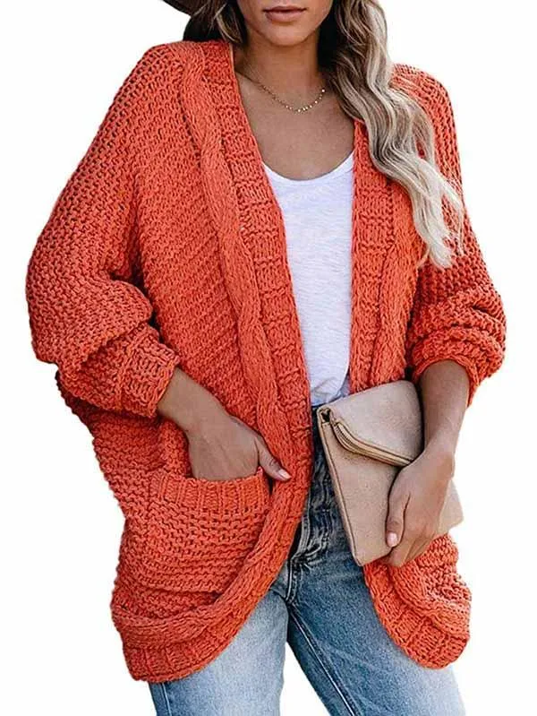 Dolman Sleeve Pocket Cable Knit Open Front Women Cardigan