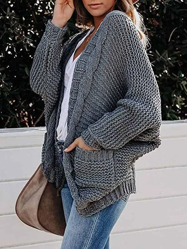 Dolman Sleeve Pocket Cable Knit Open Front Women Cardigan