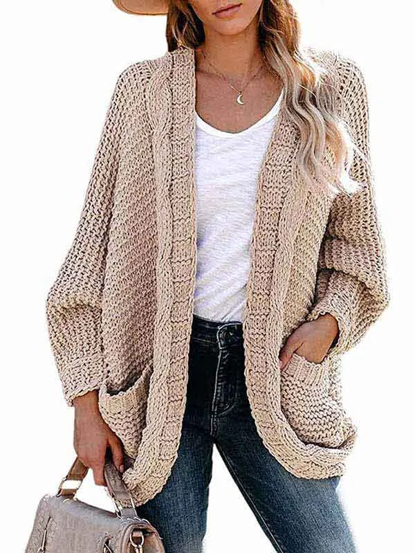 Dolman Sleeve Pocket Cable Knit Open Front Women Cardigan