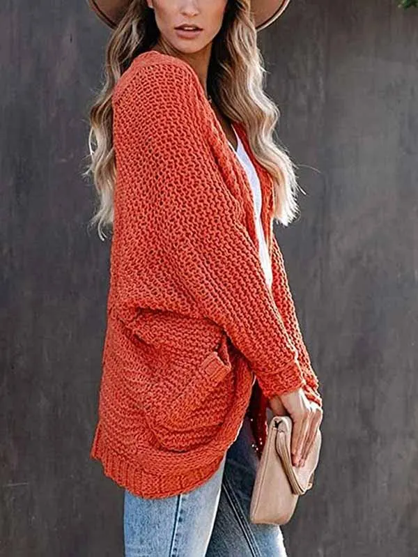 Dolman Sleeve Pocket Cable Knit Open Front Women Cardigan
