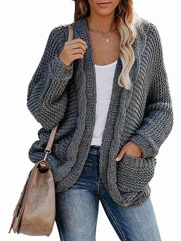 Dolman Sleeve Pocket Cable Knit Open Front Women Cardigan