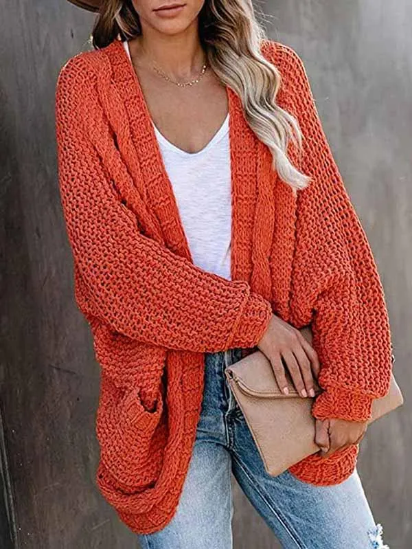 Dolman Sleeve Pocket Cable Knit Open Front Women Cardigan