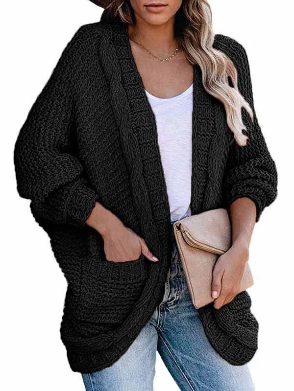 Dolman Sleeve Pocket Cable Knit Open Front Women Cardigan