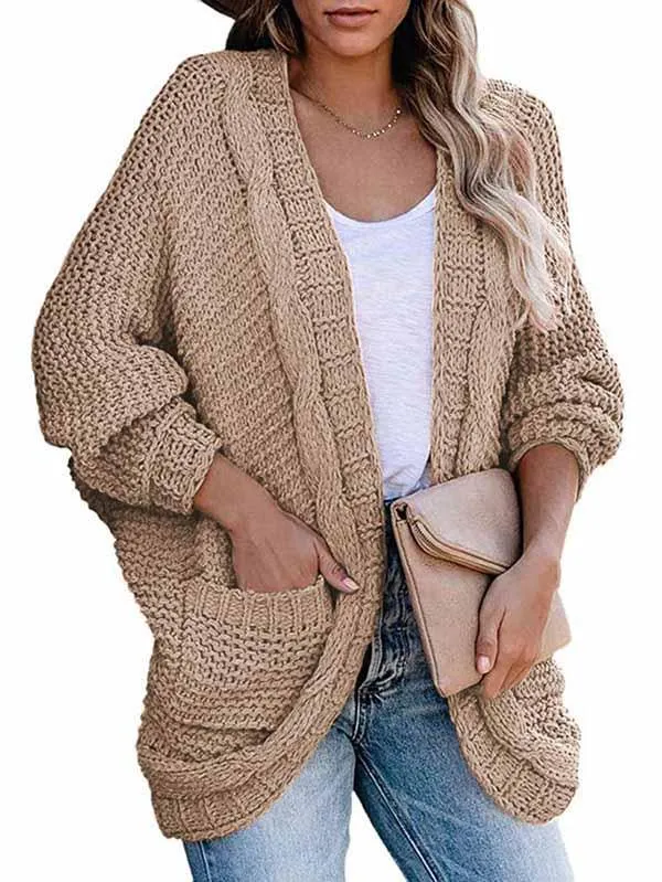 Dolman Sleeve Pocket Cable Knit Open Front Women Cardigan
