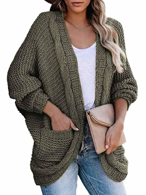 Dolman Sleeve Pocket Cable Knit Open Front Women Cardigan