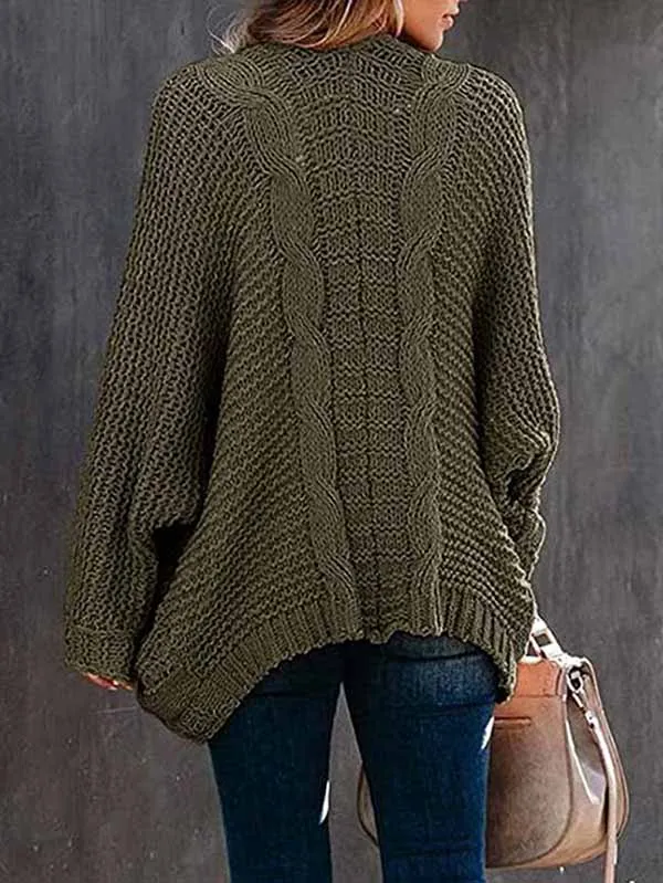 Dolman Sleeve Pocket Cable Knit Open Front Women Cardigan
