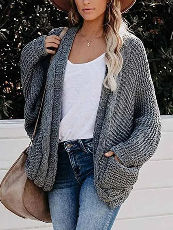 Dolman Sleeve Pocket Cable Knit Open Front Women Cardigan