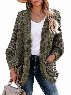 Dolman Sleeve Pocket Cable Knit Open Front Women Cardigan