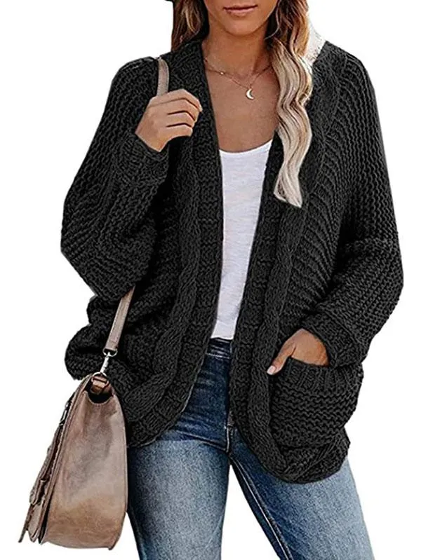 Dolman Sleeve Pocket Cable Knit Open Front Women Cardigan