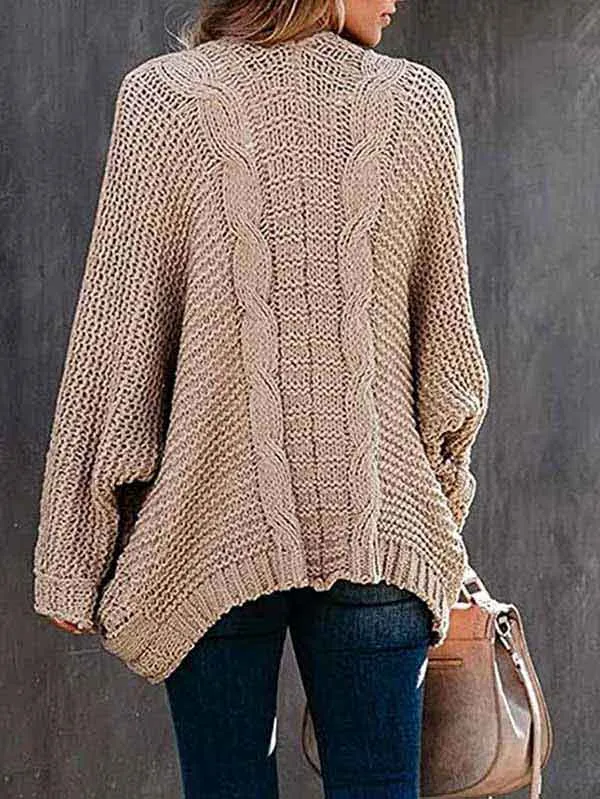 Dolman Sleeve Pocket Cable Knit Open Front Women Cardigan