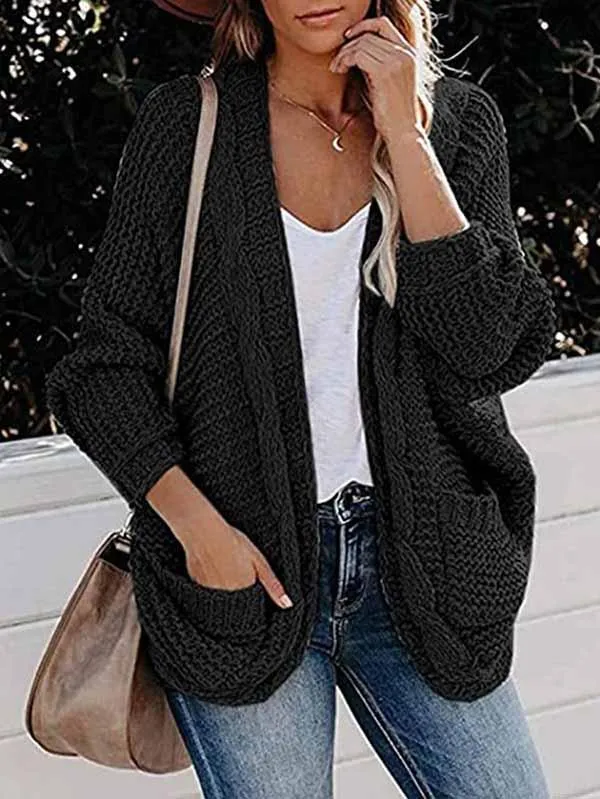 Dolman Sleeve Pocket Cable Knit Open Front Women Cardigan