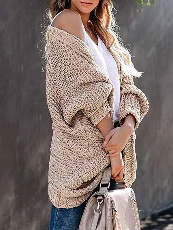 Dolman Sleeve Pocket Cable Knit Open Front Women Cardigan