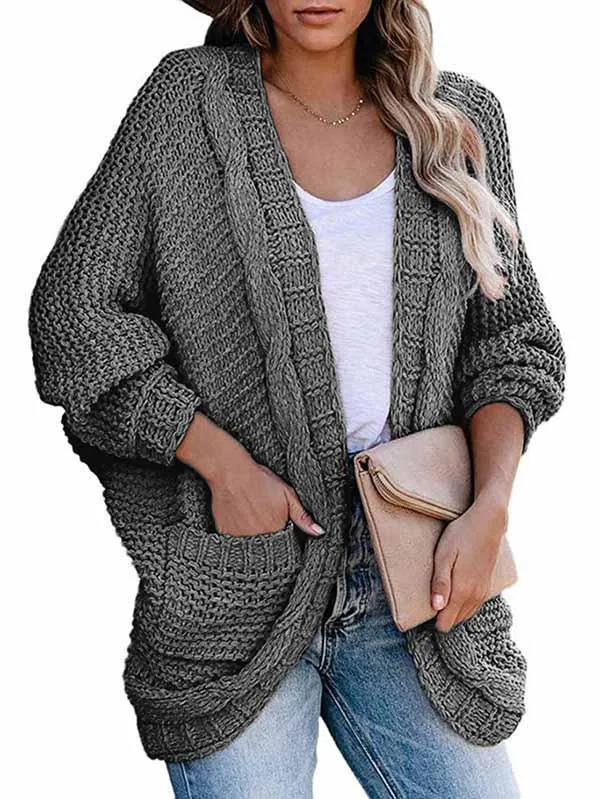 Dolman Sleeve Pocket Cable Knit Open Front Women Cardigan