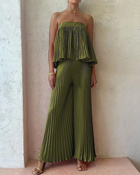 Exclusive Blue Pleated Strapless Wide Leg Jumpsuit