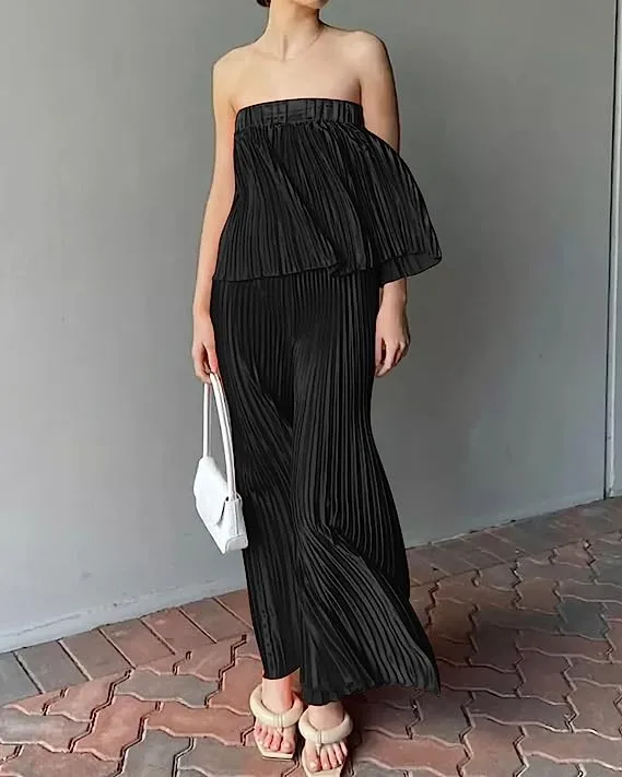 Exclusive Blue Pleated Strapless Wide Leg Jumpsuit