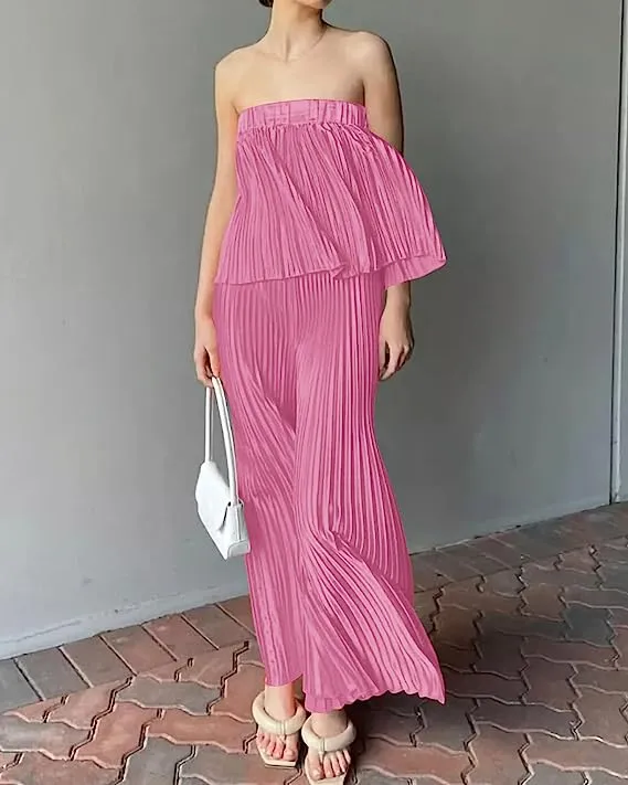 Exclusive Blue Pleated Strapless Wide Leg Jumpsuit