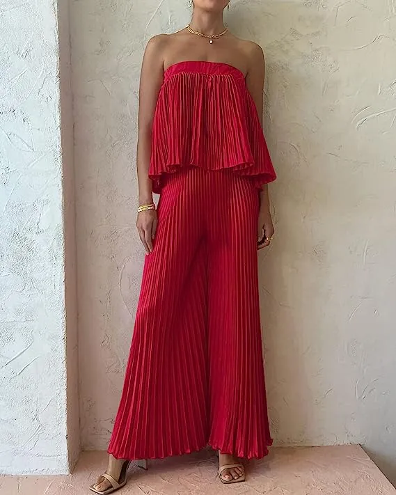 Exclusive Blue Pleated Strapless Wide Leg Jumpsuit