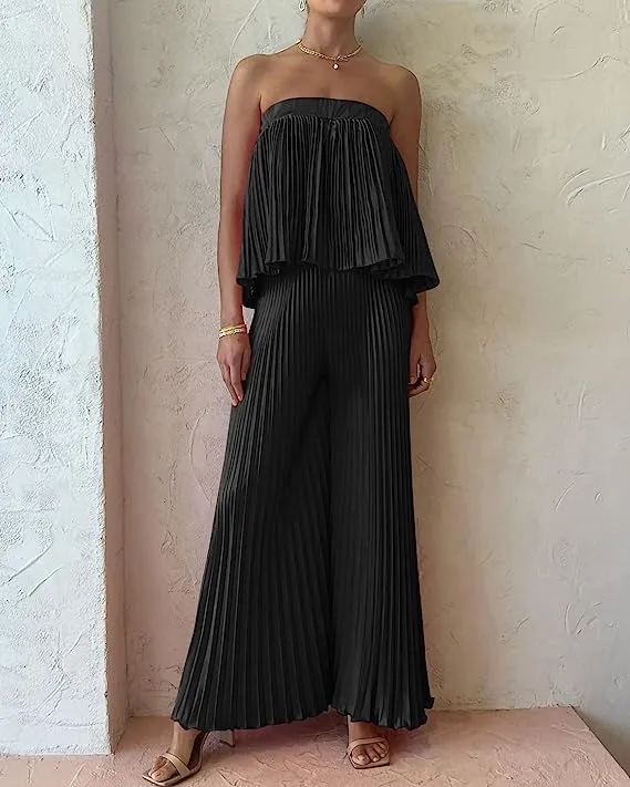 Exclusive Blue Pleated Strapless Wide Leg Jumpsuit