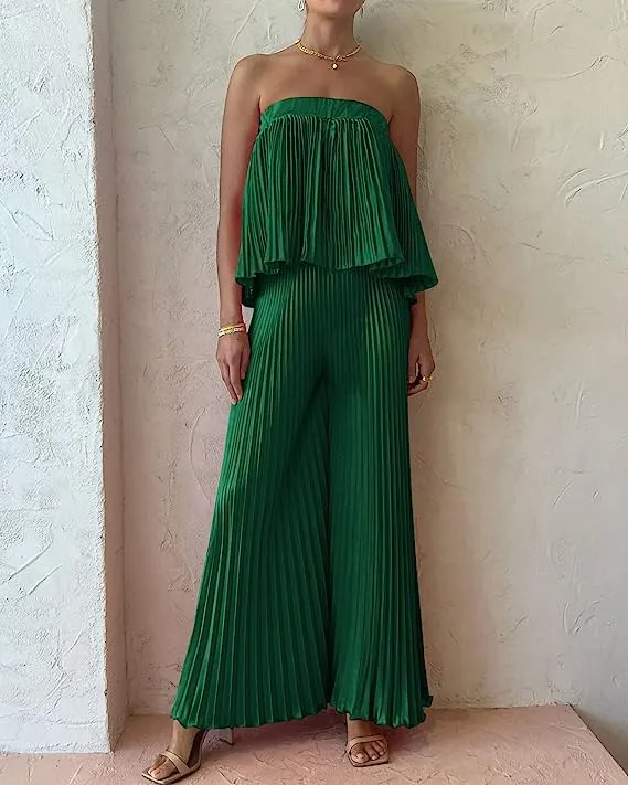 Exclusive Blue Pleated Strapless Wide Leg Jumpsuit