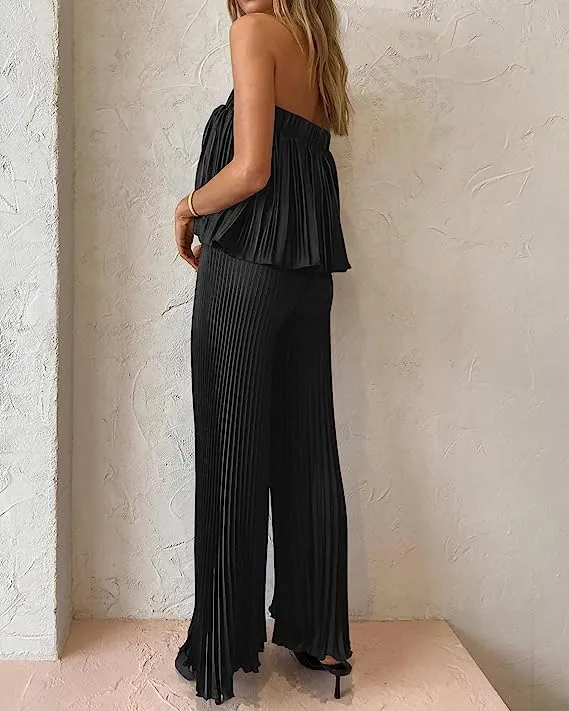 Exclusive Blue Pleated Strapless Wide Leg Jumpsuit