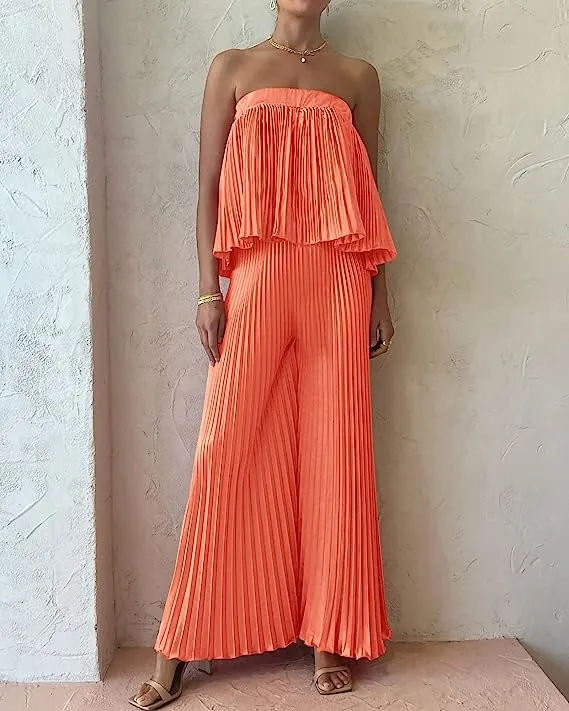 Exclusive Blue Pleated Strapless Wide Leg Jumpsuit