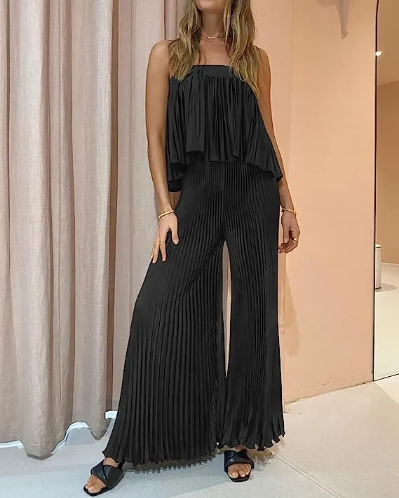 Exclusive Blue Pleated Strapless Wide Leg Jumpsuit