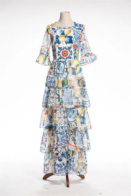 Fashion Light Blue Floral Print Boho Long Layered Dress Cascading Ruffle Runway Maxi Women Dresses