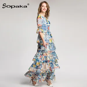 Fashion Light Blue Floral Print Boho Long Layered Dress Cascading Ruffle Runway Maxi Women Dresses