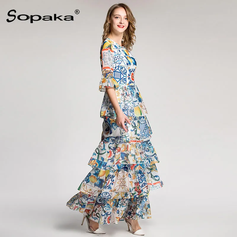Fashion Light Blue Floral Print Boho Long Layered Dress Cascading Ruffle Runway Maxi Women Dresses