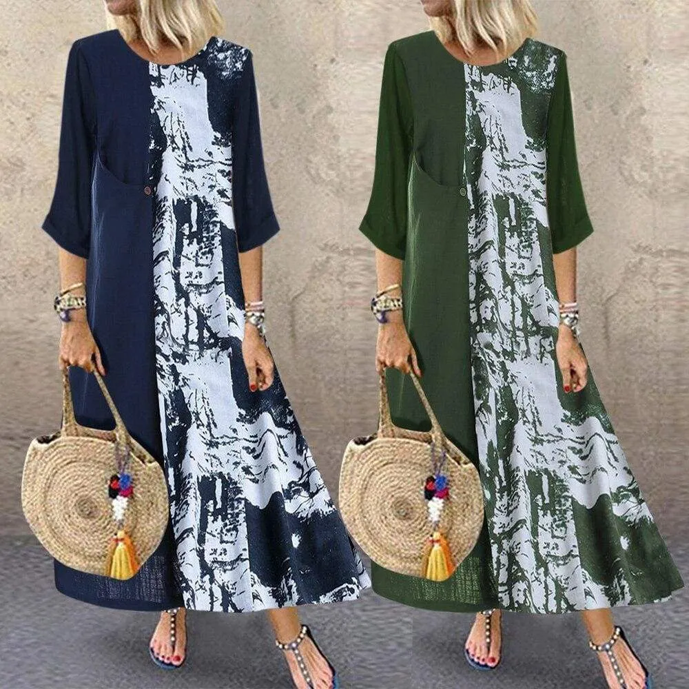 FashionSierra - Women Boho Linen Baggy Gypsy Kaftan Holiday Loose Long Maxi Dress Fashion Ladies Floral Beach Dress Sundress
