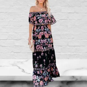 Floral Chiffon Off Shoulder Ruffled Tiered Maxi Dress