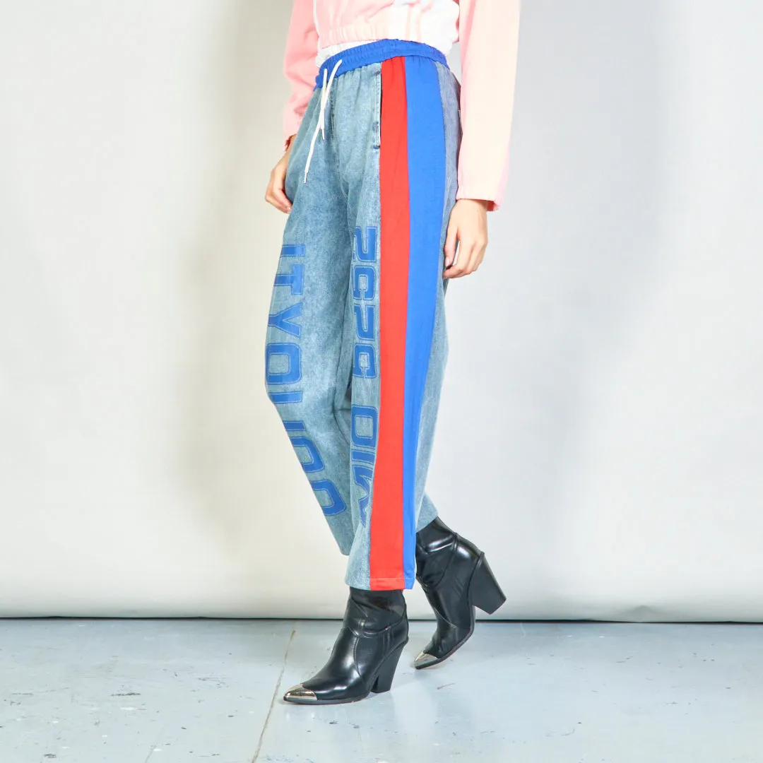 Graphic denim jogger pants with elastic waist wholesale