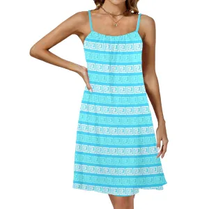 greek key d08 pepper green stripes front Drawstring Neck Sleeveless Dress (Model D68)
