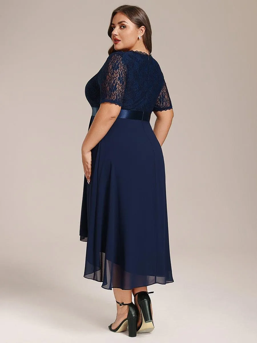 Half Sleeve Pleated V-Neck Lace Midi Wedding Guest Dress