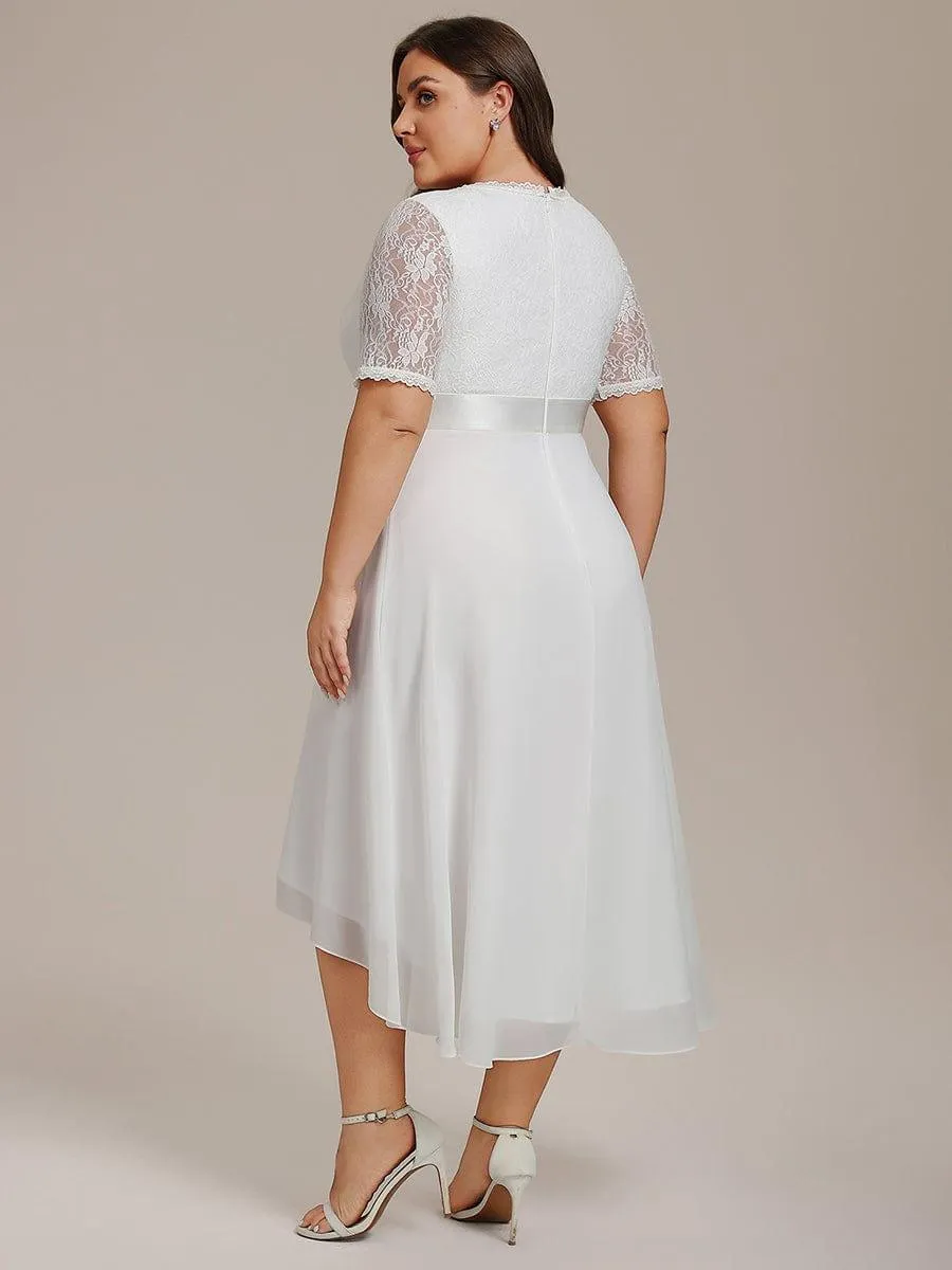 Half Sleeve Pleated V-Neck Lace Midi Wedding Guest Dress