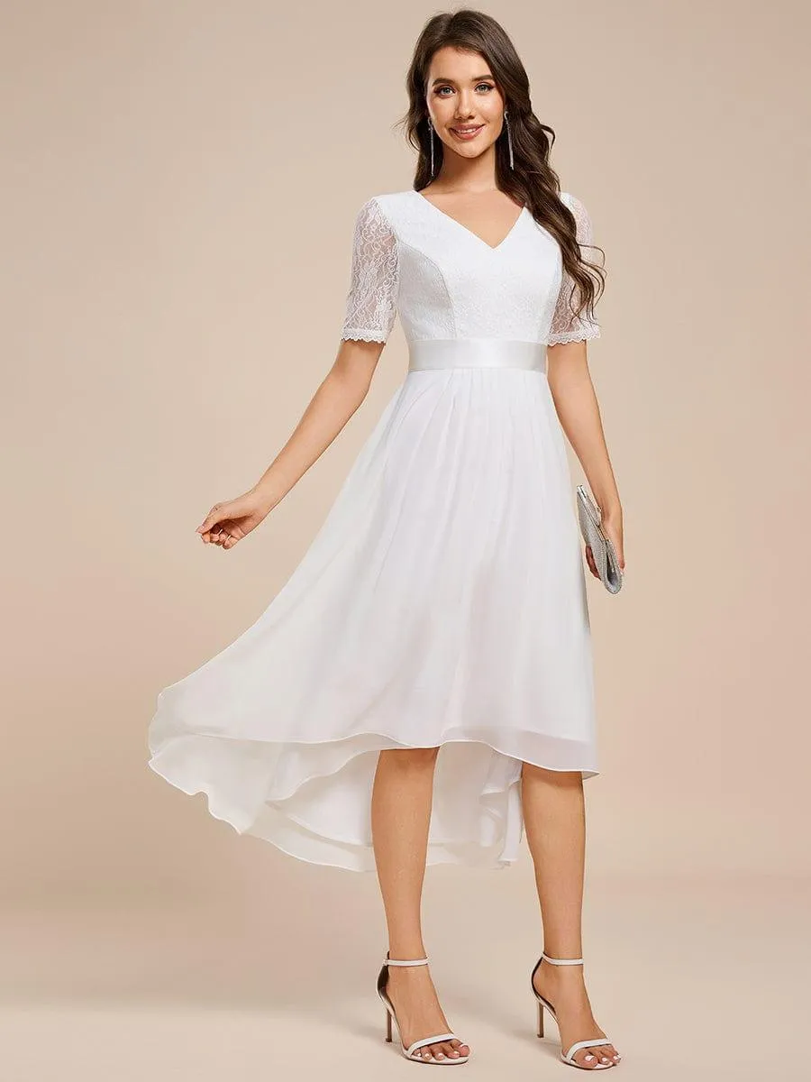 Half Sleeve Pleated V-Neck Lace Midi Wedding Guest Dress
