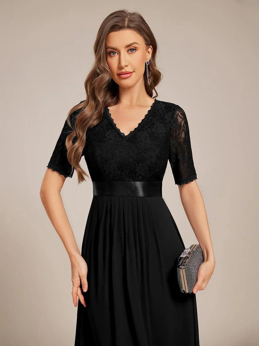 Half Sleeve Pleated V-Neck Lace Midi Wedding Guest Dress