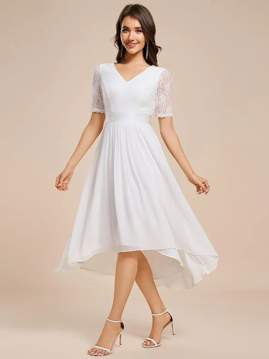 Half Sleeve Pleated V-Neck Lace Midi Wedding Guest Dress