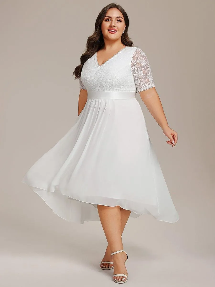 Half Sleeve Pleated V-Neck Lace Midi Wedding Guest Dress