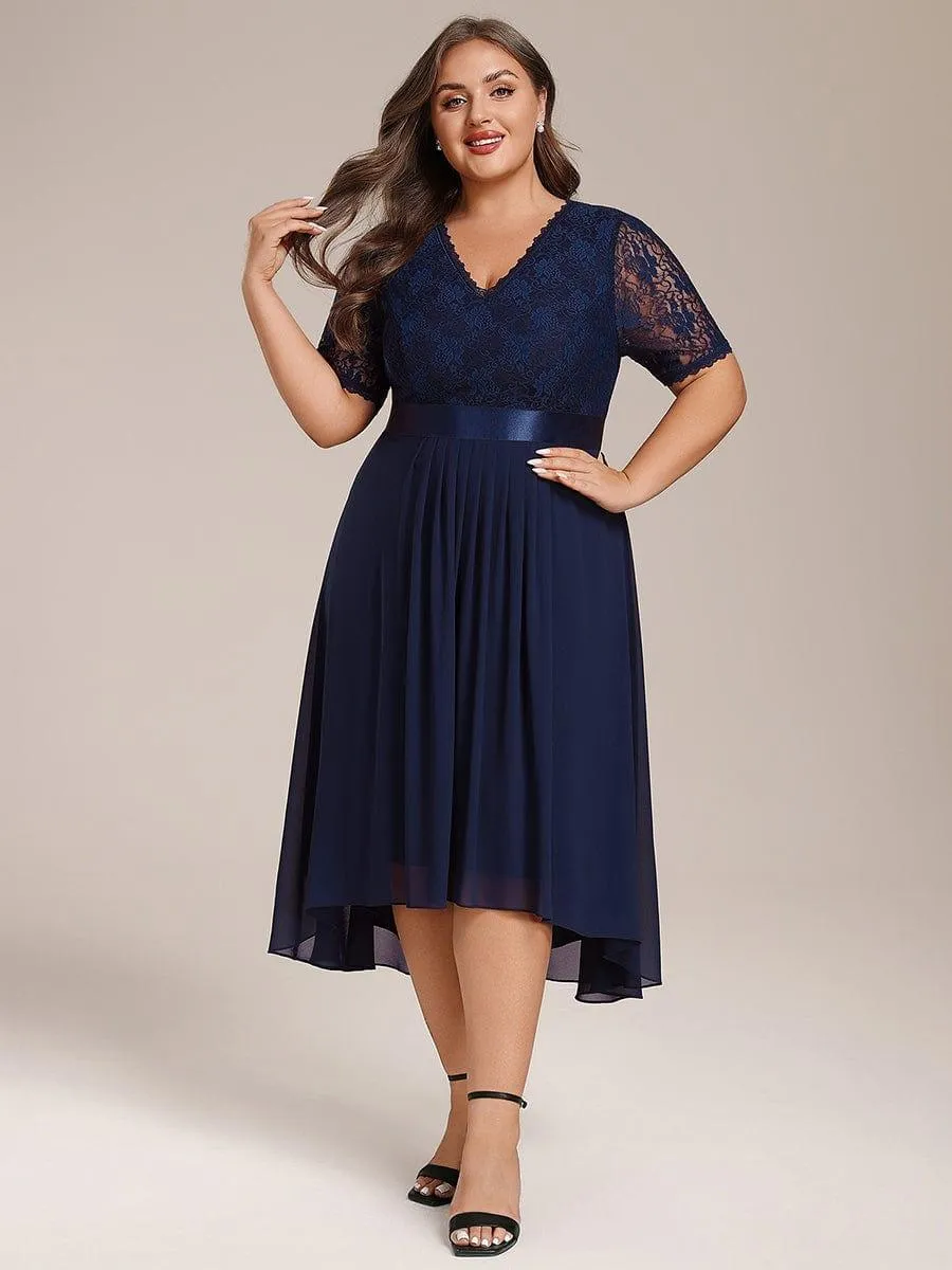 Half Sleeve Pleated V-Neck Lace Midi Wedding Guest Dress